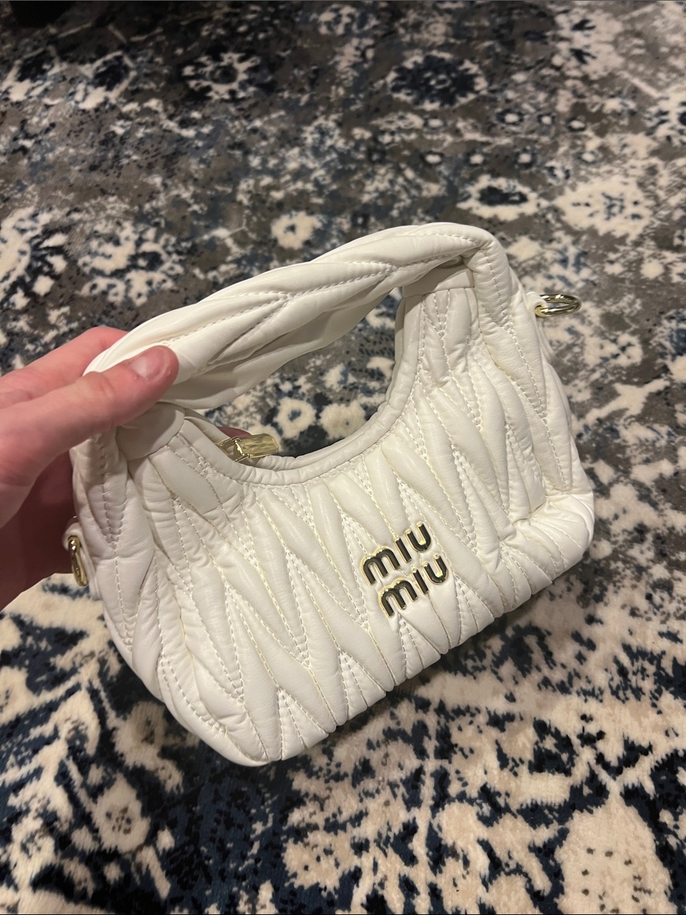 Miu Miu White Quilted Matelassé Mini Shoulder Bag with Gold Logo